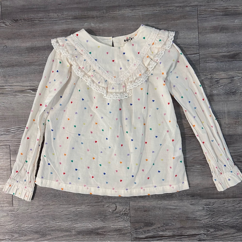 Mini Boden Cream Blouse with Multicolor Heart Print and Lace Ruffle